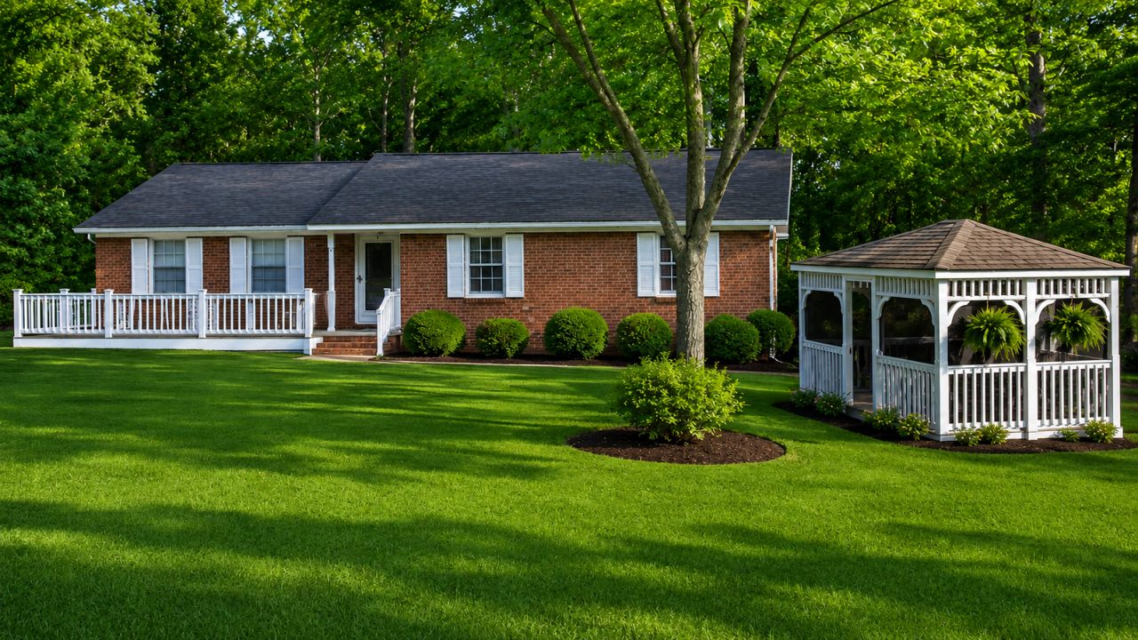 Exterior view of a welcoming residential home with a lawn and outdoor seating area